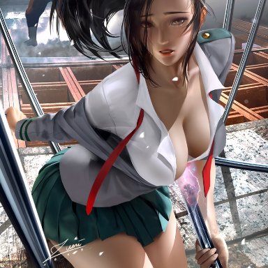 1girls, big breasts, breasts, cleavage, female, female only, large breasts, looking at viewer, momo yaoyorozu, my hero academia, school uniform, shouto todoroki, solo, zumi