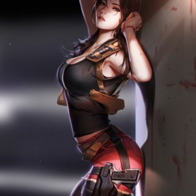 against wall, alternative hairstyle, bangs, belt, blood, blood on face, blue eyes, breasts, brown hair, claire redfield, cleavage, combat knife, denim, female, female only