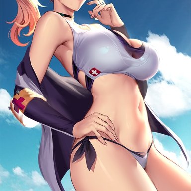 1girls, alternate costume, big breasts, blonde hair, blue eyes, breasts, cianyo, cleavage, female, female only, glasses, large breasts, looking at viewer, mercy, overwatch