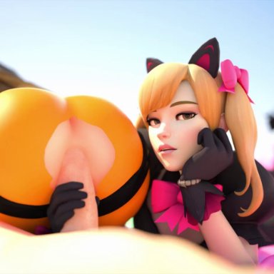 1boy, 2girls, 3d, alternate costume, anal grip, animated, ass, ass cutout, bedroom eyes, black cat d.va, blender, blonde hair, bomber jacket, cakeofcakes, cat ears