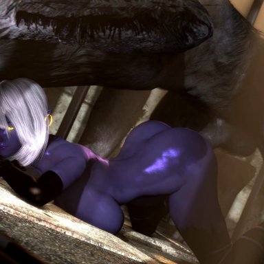 3d, animated, arm sleeves, ass, ass up, bestiality, big ass, black fur, blueberg, breasts, dark elf, doggy style, drow, elf, face down ass up