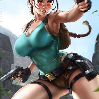 1girls, big breasts, breasts, cameltoe, cleavage, dandon fuga, female, female only, lara croft, large breasts, pinup, short shorts, solo, tomb raider