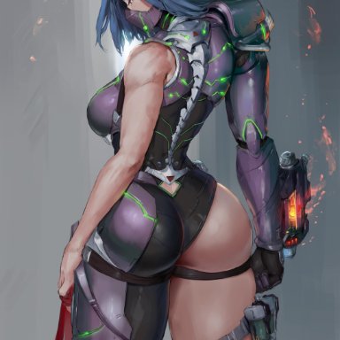 absurdres, arm at side, ass, blue eyes, blue hair, breasts, cutesexyrobutts, cybernetic parts, female, from behind, gun, highres, looking at viewer, looking back, medium breasts