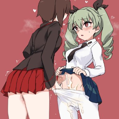 1futa, 1girl, absurdres, anchovy, anzio school uniform, aomushi (mushamusha), bangs, black jacket, blush, breath, brown hair, cum, cum on body, cum on clothes, dress shirt