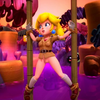 3d, animated, blonde hair, bondage, fuzzy, onmodel3d, ponytail, princess peach, pussy, sound, sound effects, super mario bros., super mario odyssey, tagme, tied up