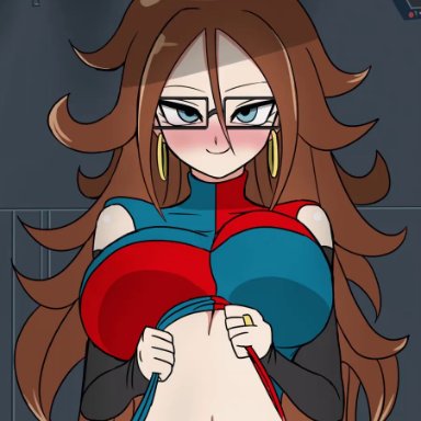 1girls, android 21, animated, blue eyes, bouncing breasts, cameltoe, cleavage, curly hair, curvy, dragon ball, dragon ball fighterz, erect nipples, female, glasses, huge areolae