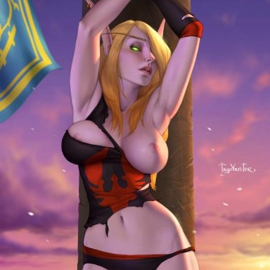 1girls, areolae, big breasts, blood elf, breasts, female, female only, large breasts, looking at viewer, nipples, penetration, solo, tagovantor, vaginal penetration, world of warcraft