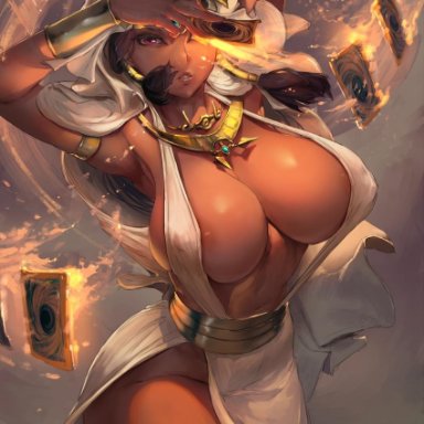 1girls, alternate breast size, armpits, ass, belly, big ass, bracelet, breasts, brown hair, card, cleavage, cutesexyrobutts, dark-skinned female, dress, egyptian
