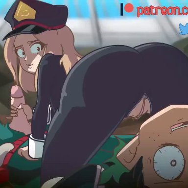 1boy, 1girls, animated, ass, ass shake, blonde hair, bodysuit, camie utsushimi, eyes open, green hair, handjob, hat, izuku midoriya, liquoricea, male/female