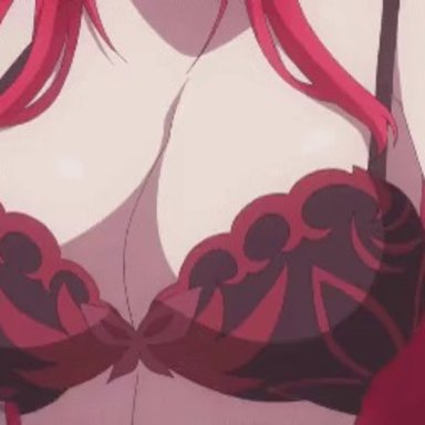 1girl, animated, areolae, big breasts, blush, bra pull, breasts, female, gif, goku ssj 4, high school dxd, lace bra, lace-trimmed bra, nipples, red hair