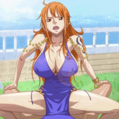 animated, big breasts, bouncing breasts, clothed female nude male, clothed sex, cowgirl position, kyabakurabakufu, long hair, looking at viewer, nami, one piece, sound effects