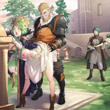 ahe gao, angry, angry sex, big breasts, blonde hair, byleth (fire emblem), father and son, fire emblem, fire emblem: three houses, from behind, graveyard, green eyes, green hair, jeralt, jeralt (fire emblem)