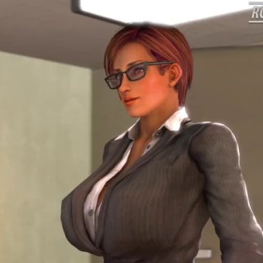 1boy, 1girls, anal, anal sex, animated, big breasts, blowjob, clothed, cum, cum on breasts, deepthroat, glasses, office, office lady, rocksolidsnake