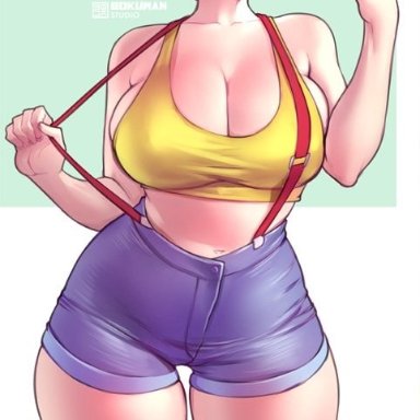 1girls, alternate breast size, ass, belly, big ass, big breasts, blue eyes, bokuman, breasts, camera, chubby, cleavage, clothed, denim, denim shorts