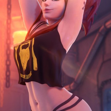 3d, belly piercing, blender, blizzard entertainment, brigitte, brown eyes, brown hair, crop top, female, female only, looking at viewer, overwatch, piercing, smug, tattoo