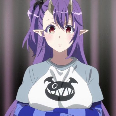 1girl, 2d, animated, animated gif, areolae, boobs drop, bouncing breasts, breasts, clevage, ecchi, fanservice, female only, gif, horns, large breasts