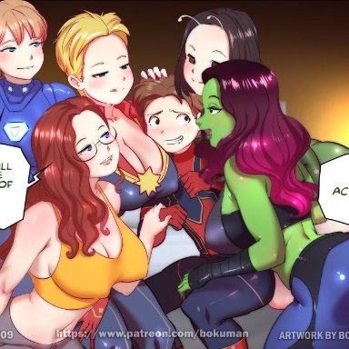 1boy, 5girls, alternate breast size, ass, aunt may, avengers, bokuman, breasts, cleavage, clothed, eye contact, gamora, guardians of the galaxy, half-closed eyes, harem