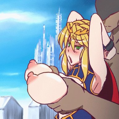 1boy, 1girls, animated, artoria pendragon (all), artoria pendragon (lancer), blonde hair, blush, dark-skinned male, fate (series), fate/grand order, grabbing from behind, green eyes, lactation, large breasts, milk