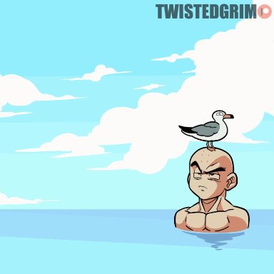 animated, bald, beach, blue eyes, blue hair, dragon ball, female, krillin, large breasts, long hair, male, maron, surprised, twistedgrim