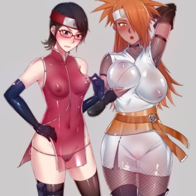 2girls, akimichi chouchou, artist request, bbw, big breasts, black eyes, black hair, black thighhighs, blush, boruto: naruto next generations, breast grab, breasts, busty, cameltoe, clothing