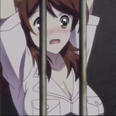 1girl, 2d, amai choubatsu: watashi wa kanshu senyou pet, animated, animated gif, areolae, blush, breasts, brown hair, fanservice, gif, large breasts, long hair, prison, prisoner