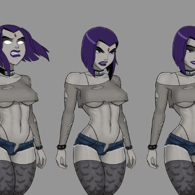 busty, crop top, dc, dcau, g-string, goth, navel, pale skin, raven, short hair, short shorts, skimpy, skimpy clothes, sunsetriders7, tagme