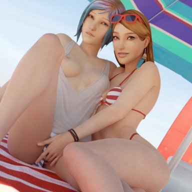 2girls, 3d, areolae, barefoot, bikini, blender, breasts, chloe price, feet, female, female only, finger fuck, fingering, life is strange, looking at viewer