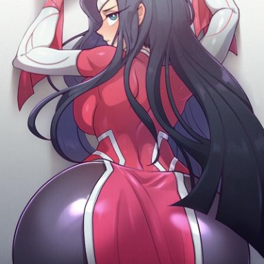 1girl, against wall, arched back, artist name, ass, big ass, black hair, blue eyes, irelia, league of legends, long hair, looking at viewer, looking back, patreon, presenting ass