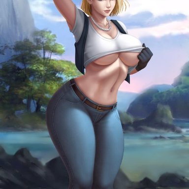 1girls, alternate breast size, android 18, arm up, armpits, ass, belt, big ass, big breasts, blonde hair, blue eyes, bottom heavy, breasts, cleavage, day