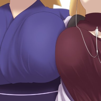 2girls, age difference, alternate breast size, between breasts, big breasts, blonde hair, boruto: naruto next generations, breast frottage, breast press, breasts, breasts pressed together, cleavage, close-up, clothed, clothing