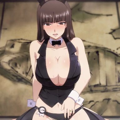 1boy, animal ears, animated, audionoob, bangs, bare shoulders, black legwear, black panties, black vest, blunt bangs, blush, bouncing breasts, bow, bowtie, breasts