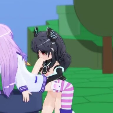 2girls, animated, black hair, blowjob, deepthroat, futa, futa on female, futanari, long hair, mantis x, nepgear, neptunia (series), noire, on knees, oral