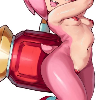 1girls, amy rose, anthro, areolae, breasts, female, female only, furry, looking at viewer, nipples, piko piko hammer, piko-piko hammer, pussy, roropull, solo