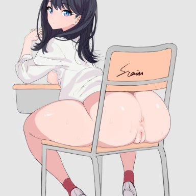 anus, ass, ass focus, bare legs, black hair, blue eyes, blush, bottomless, chair, dat ass, desk, female, female only, female solo, hips