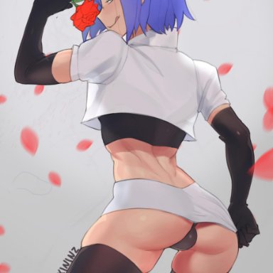 1boy, alternate outfit, androgynous, ass, back, blue hair, canon crossdressing, clothed, cosplay, crossdressing, elbow gloves, eye contact, femboy, flower, girly