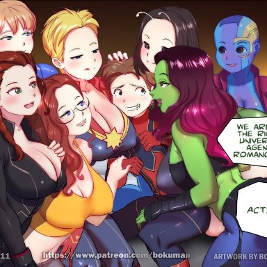 aunt may, black widow, bokuman, captain marvel, carol danvers, gamora, mantis, natasha romanoff, nebula (marvel), pepper potts, peter parker, spider-man