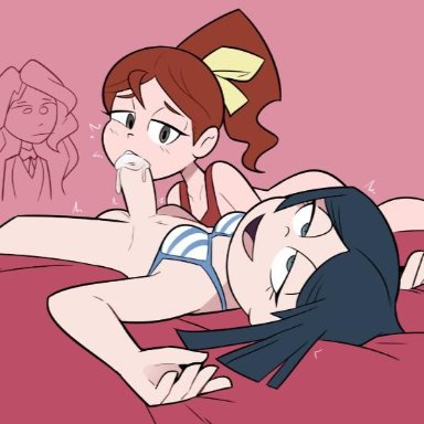 barbara parker, bed, black hair, blowjob, blue eyes, bottomless, bra, cum, cum in mouth, diana cavendish, dickgirl, full-package futanari, futanari, hannah england, little witch academia