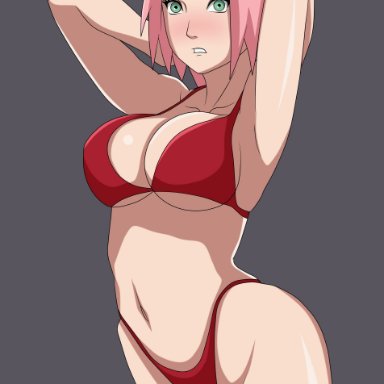 bikini, breasts, criquet, edit, female, green eyes, hand on head, looking at viewer, naruto, naruto shippuden, pink hair, red bikini, sakura haruno, short hair, simple background