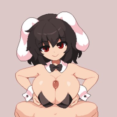 animal ears, animated, black hair, breasts, bunny costume, bunny ears, costume, cum, cum on breasts, cum on face, female, huge breasts, human, humanoid, is this loss