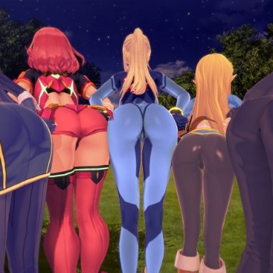 3d, 5girls, ass, ass to ass, back, bent over, blonde hair, blue hair, bodysuit, breath of the wild, clothed, crossover, cynthia (pokemon), female, female only