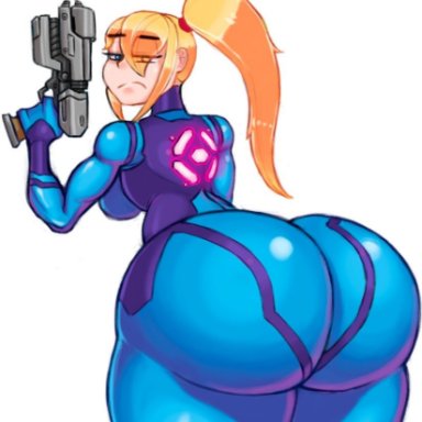 1girls, algo original, ass, big ass, blonde hair, bodysuit, breasts, female, female only, huge ass, metroid, nintendo, ponytail, samus aran, thick