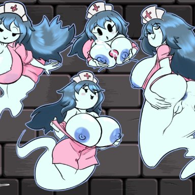 big ass, big breasts, black eyes, blue hair, blush, boobjob, busty, button pop, button popping, ghost, ghost girl, large ass, large breasts, long hair, no bra