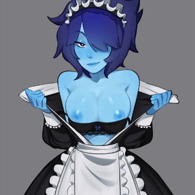 bare shoulders, blue hair, blue skin, breasts outside, bust, hair over one eye, lapis lazuli (steven universe), large breasts, looking at viewer, maid headdress, maid uniform, open clothes, presenting breasts, smile, smokyholes