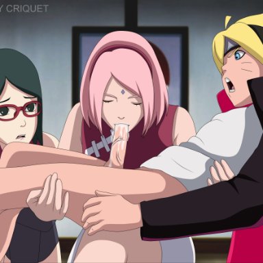 1boy, 2girls, age difference, black eyes, black hair, blonde hair, blowjob, blue eyes, boruto: naruto next generations, carrying, closed eyes, clothing, criquet, cum, cum in mouth