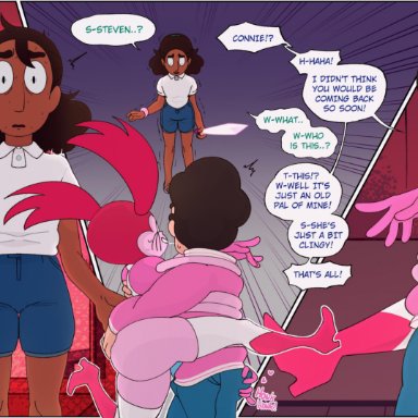 absurd res, absurdres, ahe gao, cartoon network, caught, comic, connie maheswaran, cuckquean, dialogue, humiliation, kissing, lipstick, lipstick mark, mahmapuu, speech bubble