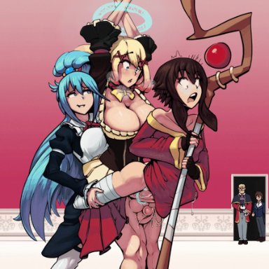 3futas, ahe gao, animated, aqua (konosuba), big breasts, boxman, busty, cervical penetration, cleavage, cum, cum in pussy, cum inside, cum overflow, cum while penetrated, curvy