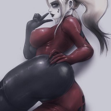 1girls, ass, batman (series), big ass, bodysuit, breasts, dc, female, female only, harley quinn, impracticalart, looking at viewer, looking back, solo, tight clothing