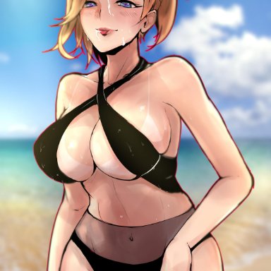 absurdres, beach, bikini, black bikini, blonde hair, blue eyes, blue sky, blurry, blurry background, breasts, cleavage, cloud, collarbone, condom, covered navel