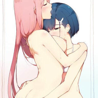 2girls, ass, ass grab, breast press, breasts, darling in the franxx, deru06, ichigo (darling in the franxx), nipples, nude, yuri, zero two (darling in the franxx)