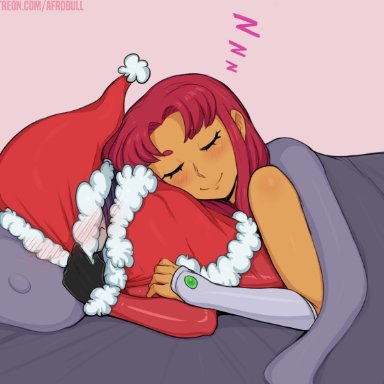 afrobull, christmas, embarrassed, hiding, raven, santa costume, santa hat, starfire, teen titans, yuri